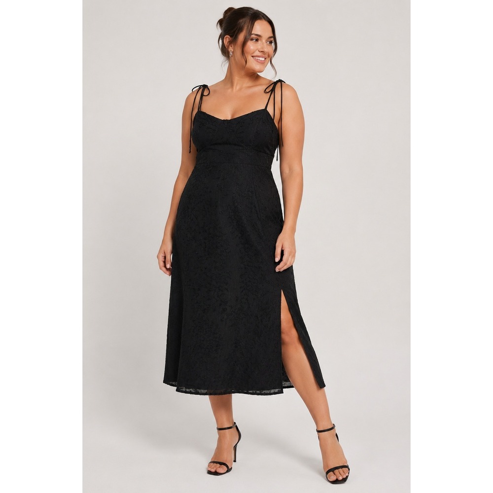 Lulus Loveliest Looks Black Floral Jacquard Tie Strap Midi Dress XXL Formal